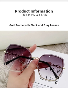 Detail of butterfly rimless sunglasses with purple gradient lenses and gold chain temples