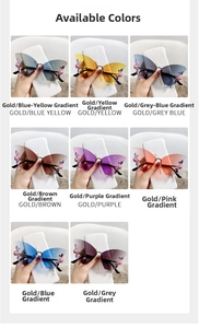 Close-up collage of rimless butterfly sunglasses in various gradient lens colors with pearls