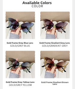 Detailed close-up of butterfly rimless sunglasses with rhinestones in multiple colors