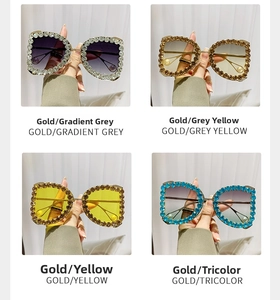 Detailed grid of oversized luxury sunglasses with rhinestone frames in multiple lens colors