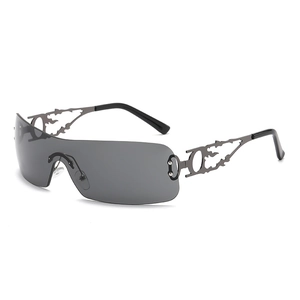 Y2K rimless square sunglasses with hollowed metal flame temples and grey lenses