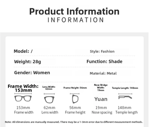 Detailed size chart for rimless metal sunglasses with 153mm frame width and 28g weight