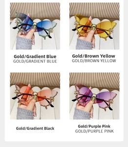Detail showing oversized butterfly sunglasses in four colors with rhinestone accents