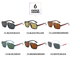 Detail view of square pilot sunglasses in six different colors with double bridge design