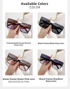 Detail showing rimless square sunglasses in tortoiseshell, black and green color options