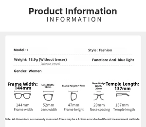 Size chart and technical specifications for cat eye anti-blue light glasses frame
