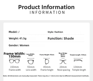 Detailed size chart for women's cat-eye sunglasses with precise frame dimensions