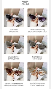 Detail view of rhinestone-encrusted cat eye sunglasses in multiple lens and frame colors