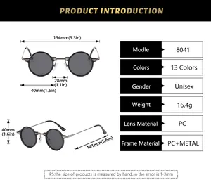 Size guide for round vintage sunglasses showing frame dimensions and technical specs