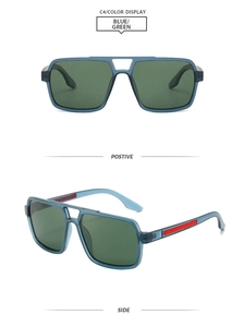 Detail view of square blue frame sunglasses with green lenses and red temple accents