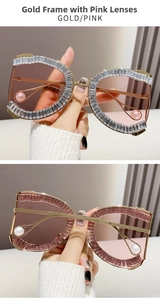 Detail of gold metal D-frame sunglasses with crystal embellishments and pink gradient lenses