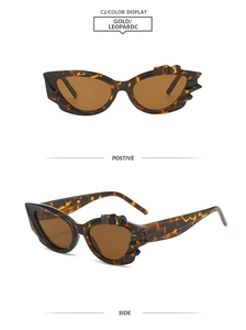 Detailansichten der Cat-Eye-Sonnenbrille mit Leopardenmuster und floralen Flügel-Elementen