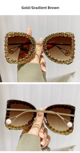 Detail of gold oversized sunglasses with rhinestone edges and white pearl temple tips