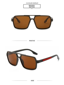 Detail view of square pilot sunglasses featuring matte black frames and brown lenses