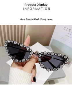 Detailed view of gunmetal cat-eye sunglasses with sparkling rhinestones and grey lenses
