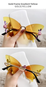 Detail of butterfly rimless sunglasses with gold gradient lenses and purple rhinestones