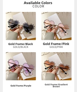 Détail de lunettes de soleil sans monture en forme de cœur avec strass brillants en quatre tons