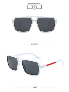 Detail view of square white aviator sunglasses with double bridge and red temple stripe