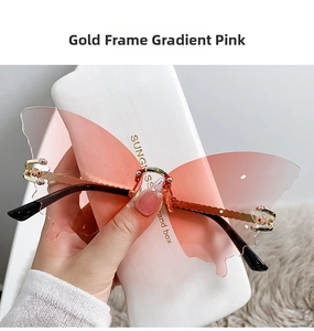 Détail de lunettes papillon sans monture avec branches dorées et verres dégradés