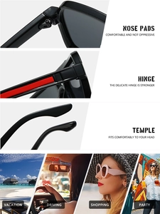 Detail view of square pilot sunglasses showing nose pads, hinges and red stripe temples