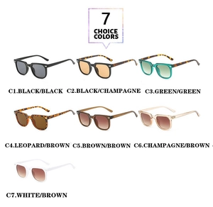 Seven color options for square frame sunglasses including black, green, and leopard print