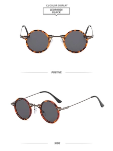 Macro detail of retro round leopard print sunglasses with sleek metal temples and bridge