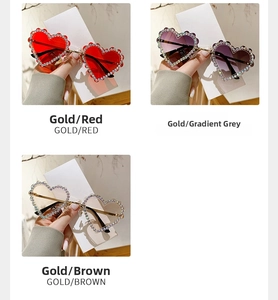 Détails de lunettes de soleil cœur sans monture avec cristaux en trois couleurs