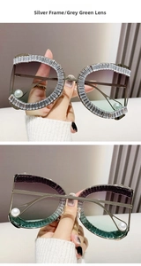 Detail of silver D-frame sunglasses with gradient lenses, rhinestones and pearls