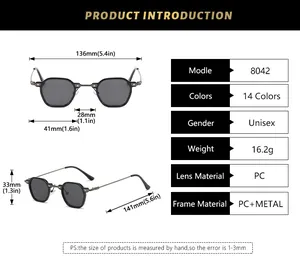 Tableau des tailles pour lunettes de soleil rétro carrées avec dimensions et poids
