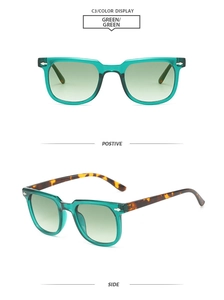Retro square green sunglasses with tortoiseshell temples and silver arrow rivets