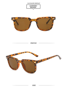 Detailed views of leopard tortoise square sunglasses with brown lenses and silver arrow studs