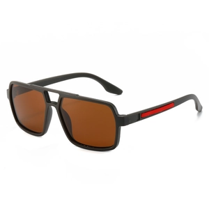 Fashionable square frame men's pilot sunglasses with double bridge and red temple detail