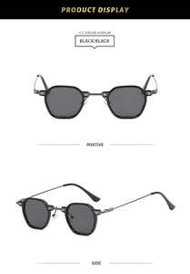 Vue détaillée de lunettes de soleil carrées noires avec branches fines en métal sous deux angles