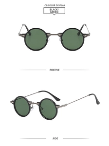 Detailed front and side views of vintage round metal sunglasses with dark green lenses