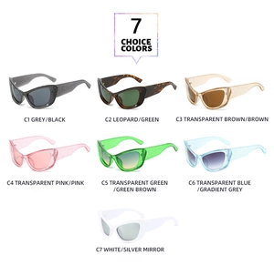 Cat-eye sunglasses color chart showing seven glitter and gradient frame options