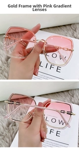 Detailed view of luxury gold butterfly frame with pink gradient lenses and metal chain temples