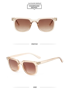 Detail view of champagne square frame sunglasses with brown gradient lenses and rice studs