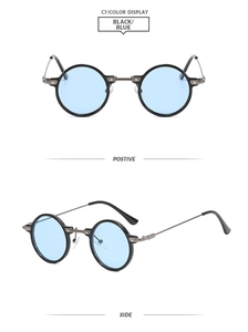 Front and side views of vintage round metal sunglasses with black frame and light blue lenses