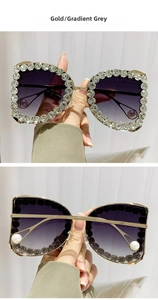 Detailed view of luxury gold frame sunglasses with gray gradient lenses and rhinestones