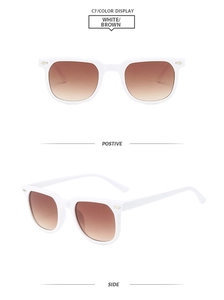 Detail view of white square sunglasses with brown gradient lenses and silver butterfly rivets