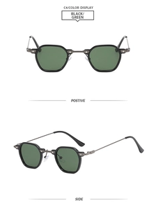 Détails de lunettes de soleil hexagonales vintage avec monture noire et verres verts