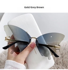 Détail de lunettes papillon sans monture avec branches dorées et verres dégradés
