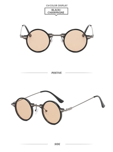 Front and side view of retro round metal sunglasses with champagne tinted lenses