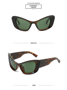 Detail view of leopard print cat-eye sunglasses with green lenses from multiple angles