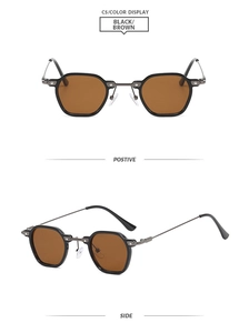Détails de lunettes de soleil rétro carrées avec monture noire et verres marron en gros plan