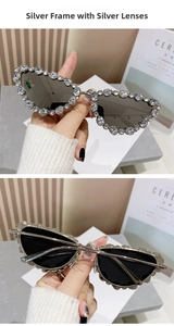 Detail of silver metal cat eye sunglasses with shimmering rhinestones and grey lenses