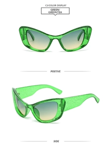 Detail of green glitter cat eye sunglasses with gradient tea lenses from front and side