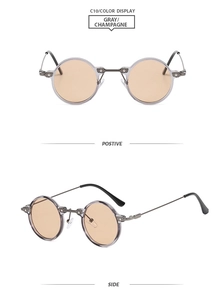 Detailed front and side views of vintage round gray sunglasses with champagne lenses