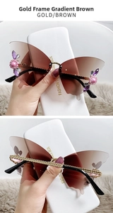 Detail of rimless butterfly sunglasses with gradient brown lenses and pearl floral accents