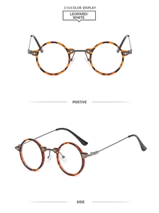 Detailed views of vintage round leopard print sunglasses with sleek metal bridge and temples